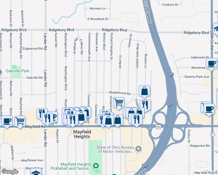 map of restaurants, bars, coffee shops, grocery stores, and more near 1323 Worton Boulevard in Mayfield Heights