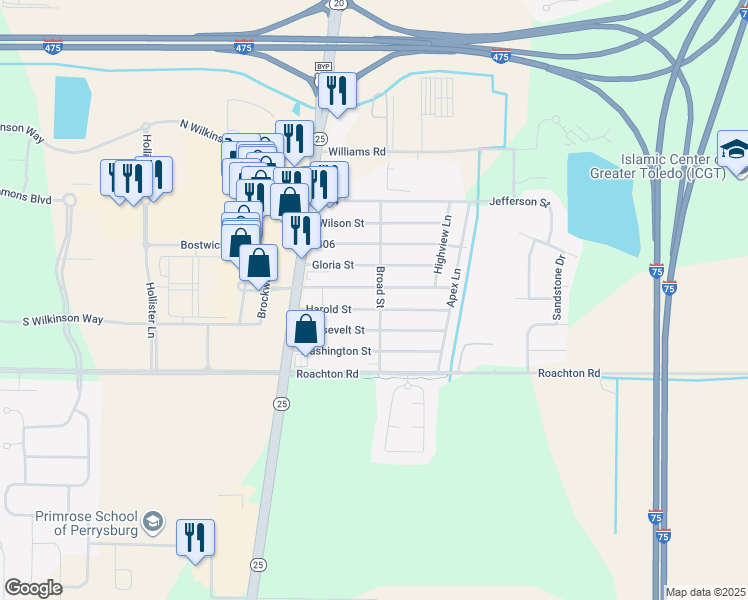 map of restaurants, bars, coffee shops, grocery stores, and more near 25655 Broad Street in Perrysburg