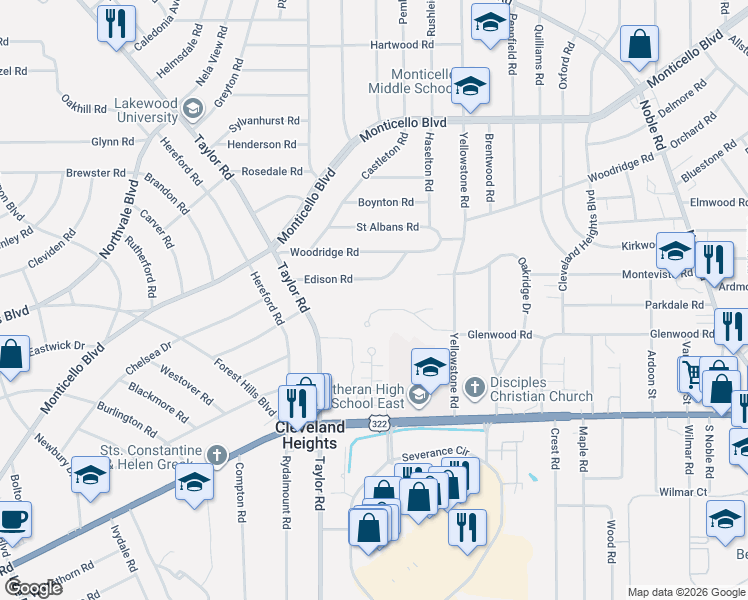 map of restaurants, bars, coffee shops, grocery stores, and more near 3499 Glen Allen Dr in Cleveland Heights
