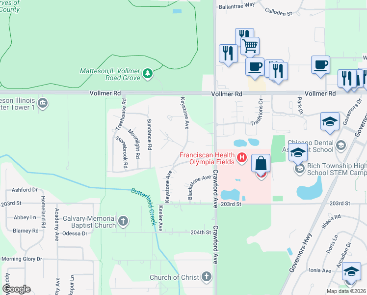 map of restaurants, bars, coffee shops, grocery stores, and more near 4101 Orchard Road in Matteson