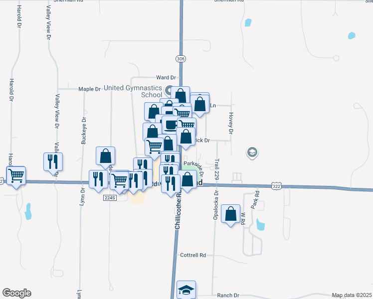 map of restaurants, bars, coffee shops, grocery stores, and more near 12661 Chillicothe Road in Chesterland