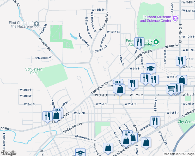 map of restaurants, bars, coffee shops, grocery stores, and more near 445 Waverly Road in Davenport