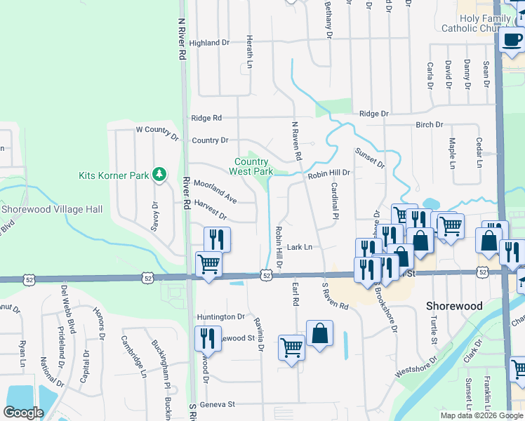 map of restaurants, bars, coffee shops, grocery stores, and more near 302 Greenfield Road in Shorewood