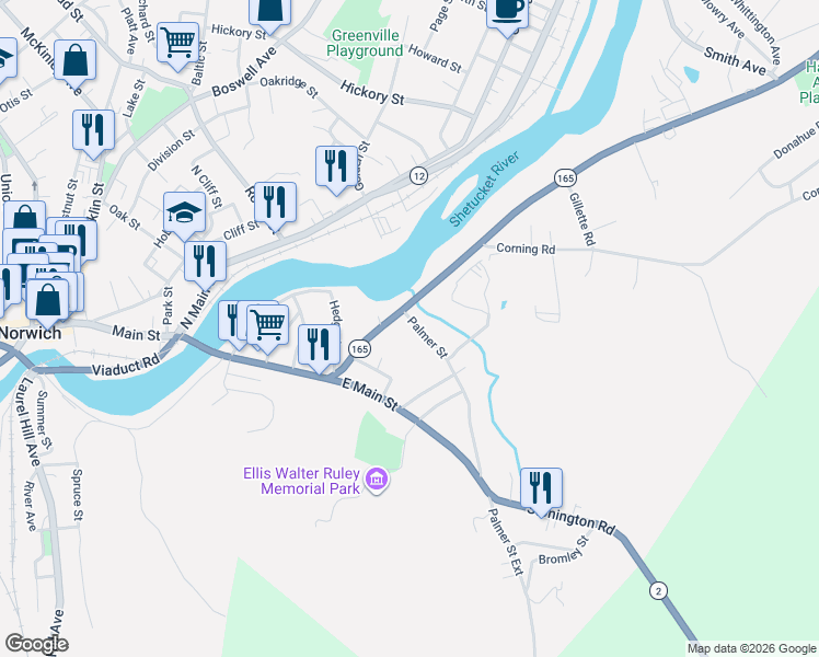 map of restaurants, bars, coffee shops, grocery stores, and more near 77 Hamilton Avenue in Norwich