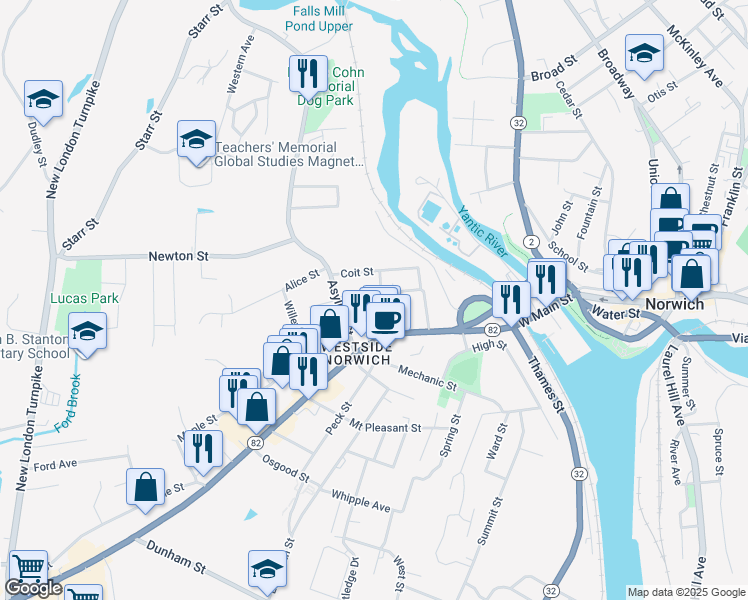 map of restaurants, bars, coffee shops, grocery stores, and more near 2A Ann Street in Norwich