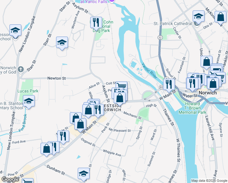 map of restaurants, bars, coffee shops, grocery stores, and more near 2A Ann Street in Norwich