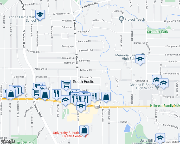map of restaurants, bars, coffee shops, grocery stores, and more near 4514 Telhurst Road in South Euclid