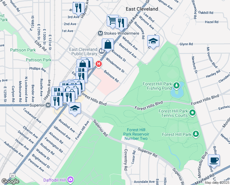 map of restaurants, bars, coffee shops, grocery stores, and more near 13951 Terrace Road in East Cleveland