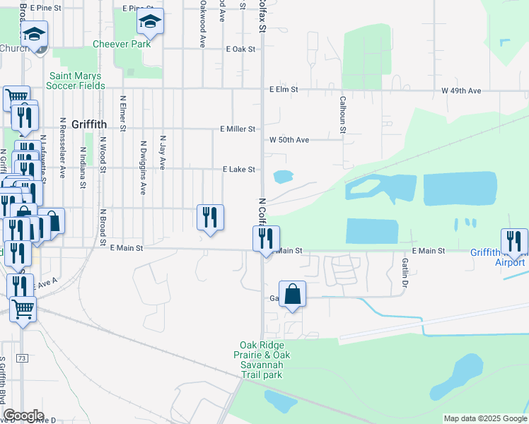 map of restaurants, bars, coffee shops, grocery stores, and more near 203 North Colfax Street in Griffith