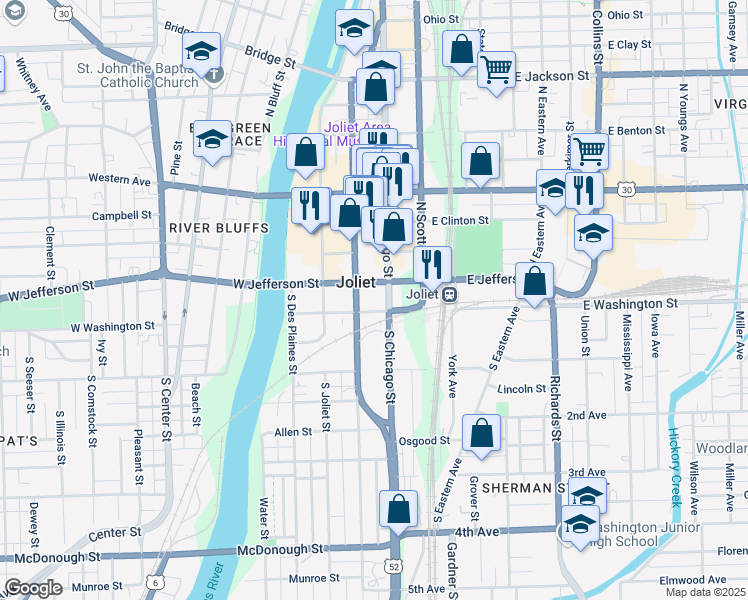 map of restaurants, bars, coffee shops, grocery stores, and more near in Joliet