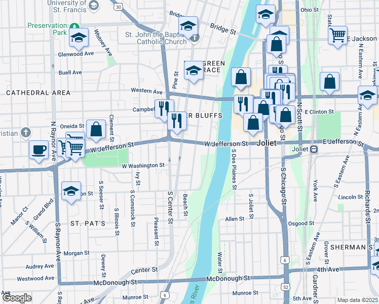 map of restaurants, bars, coffee shops, grocery stores, and more near 26 North Broadway Street in Joliet