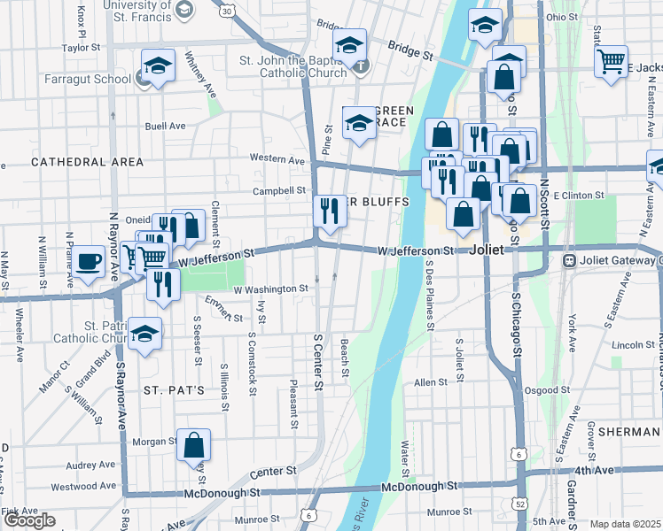map of restaurants, bars, coffee shops, grocery stores, and more near 29 North Hickory Street in Joliet