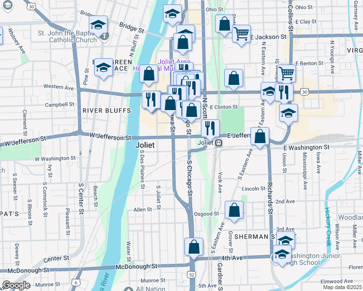 map of restaurants, bars, coffee shops, grocery stores, and more near 14 West Jefferson Street in Joliet