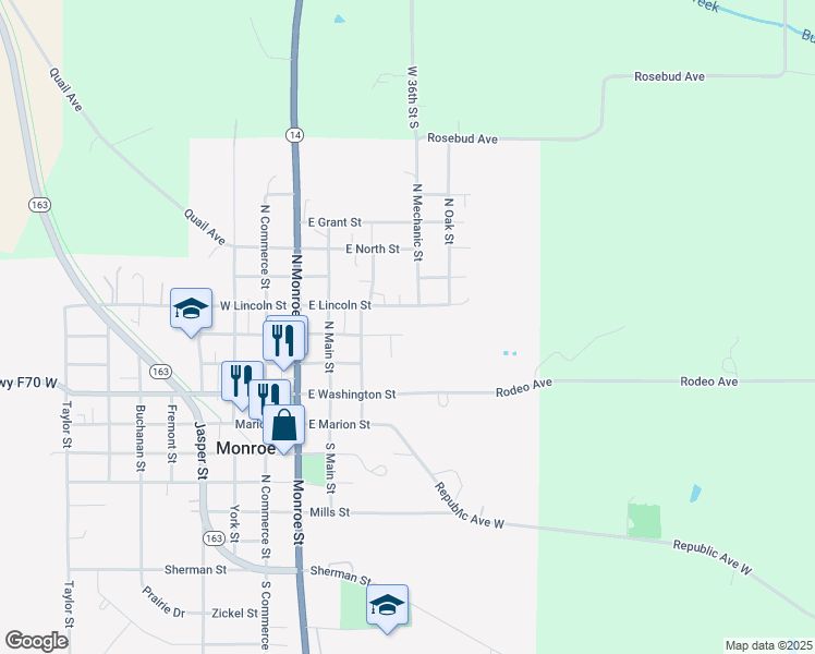 map of restaurants, bars, coffee shops, grocery stores, and more near 500 E Franklin St in Monroe