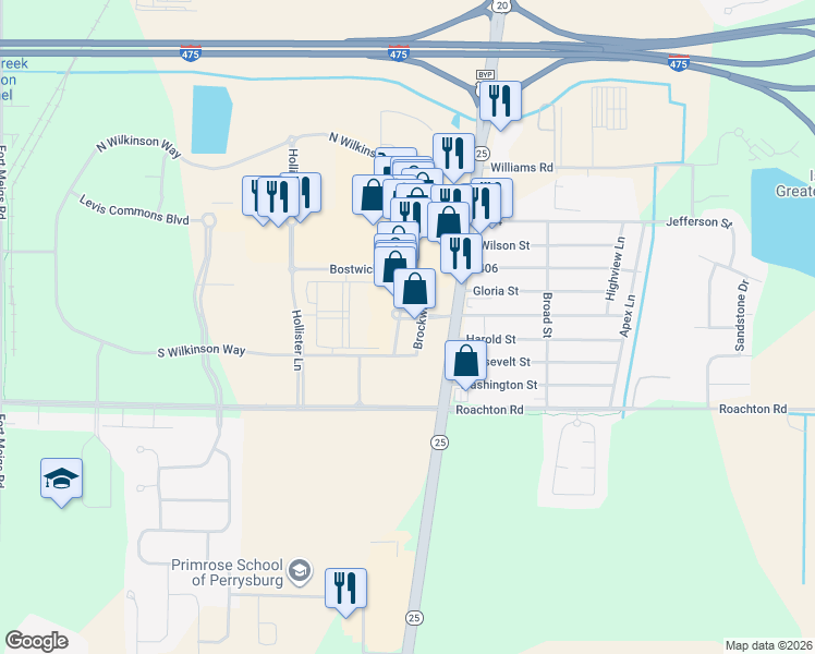 map of restaurants, bars, coffee shops, grocery stores, and more near 2180 Preston Parkway in Perrysburg