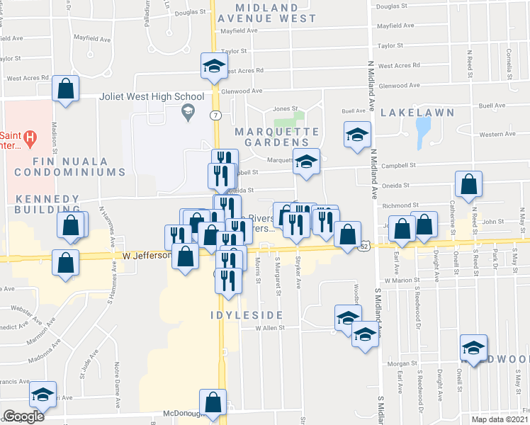 map of restaurants, bars, coffee shops, grocery stores, and more near 1620 Richmond Street in Joliet