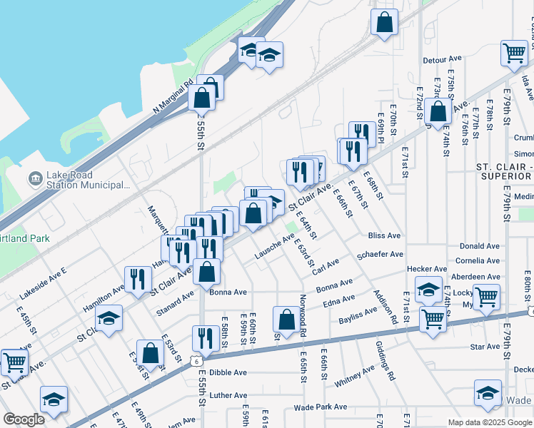 map of restaurants, bars, coffee shops, grocery stores, and more near 6205 Saint Clair Avenue in Cleveland