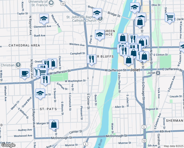 map of restaurants, bars, coffee shops, grocery stores, and more near 29 North Hickory Street in Joliet
