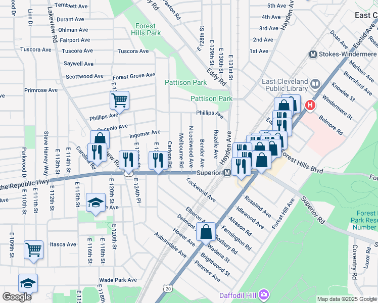 map of restaurants, bars, coffee shops, grocery stores, and more near 1252 North Lockwood Avenue in East Cleveland