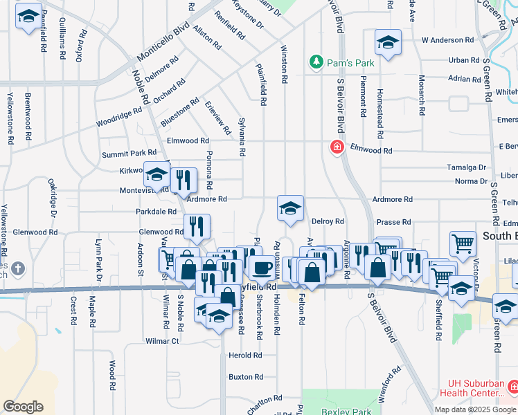 map of restaurants, bars, coffee shops, grocery stores, and more near 1304 Plainfield Road in South Euclid