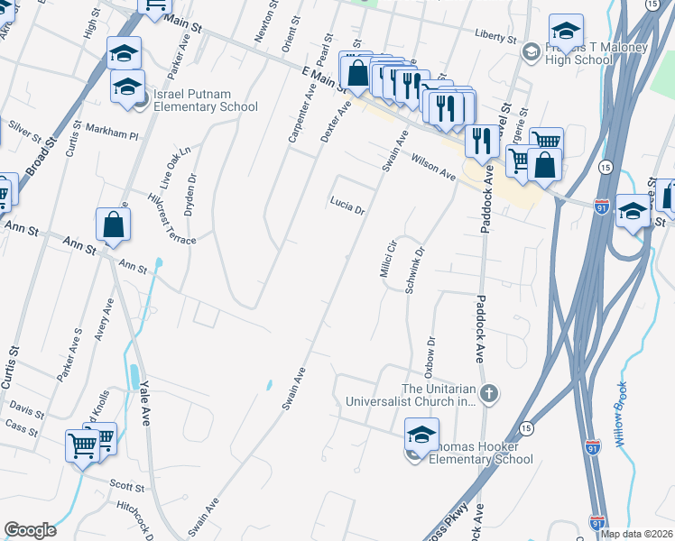 map of restaurants, bars, coffee shops, grocery stores, and more near 215 Swain Avenue in Meriden