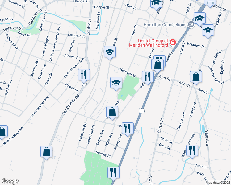 map of restaurants, bars, coffee shops, grocery stores, and more near 100 Clearview Avenue in Meriden