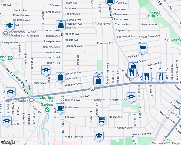 map of restaurants, bars, coffee shops, grocery stores, and more near 10916 Hampden Avenue in Cleveland