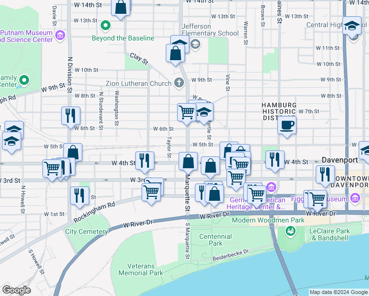 map of restaurants, bars, coffee shops, grocery stores, and more near 430 North Marquette Street in Davenport