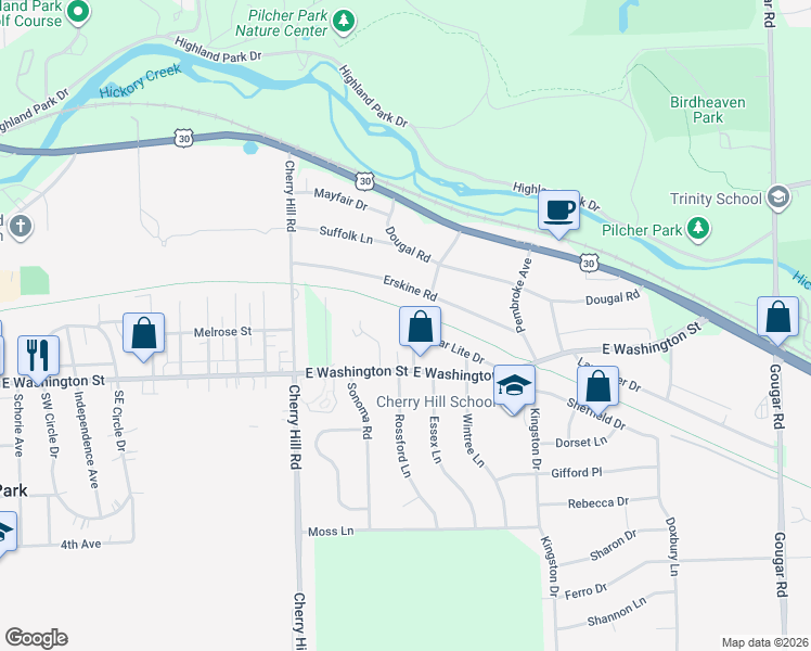 map of restaurants, bars, coffee shops, grocery stores, and more near 21 Sunset Lane in Joliet