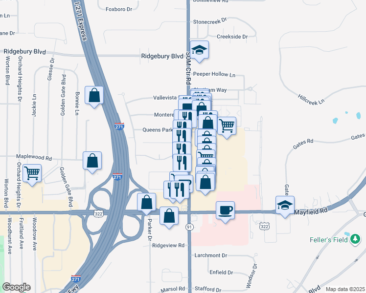map of restaurants, bars, coffee shops, grocery stores, and more near 13148 Indiana Avenue in Mayfield Heights