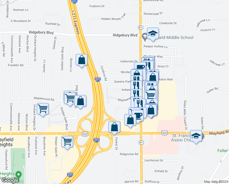 map of restaurants, bars, coffee shops, grocery stores, and more near 6570 Indiana Avenue in Mayfield Heights