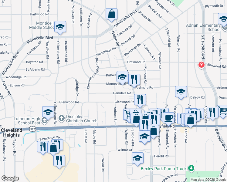 map of restaurants, bars, coffee shops, grocery stores, and more near 3851 Parkdale Road in Cleveland Heights