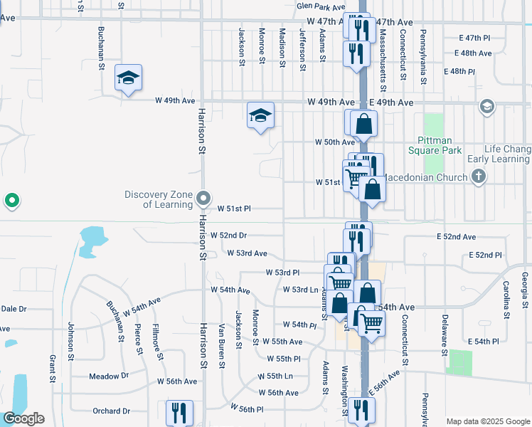 map of restaurants, bars, coffee shops, grocery stores, and more near 439 West 51st Place in Gary