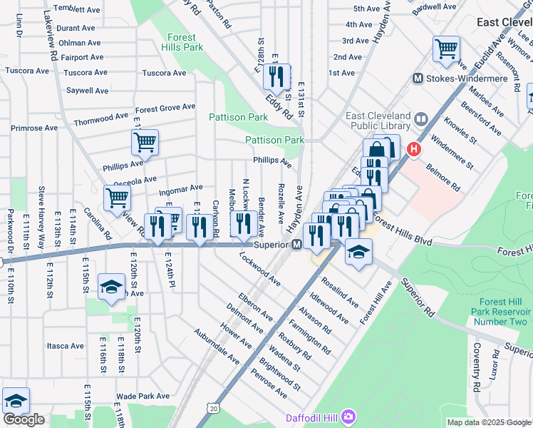 map of restaurants, bars, coffee shops, grocery stores, and more near 1253 Bender Avenue in East Cleveland