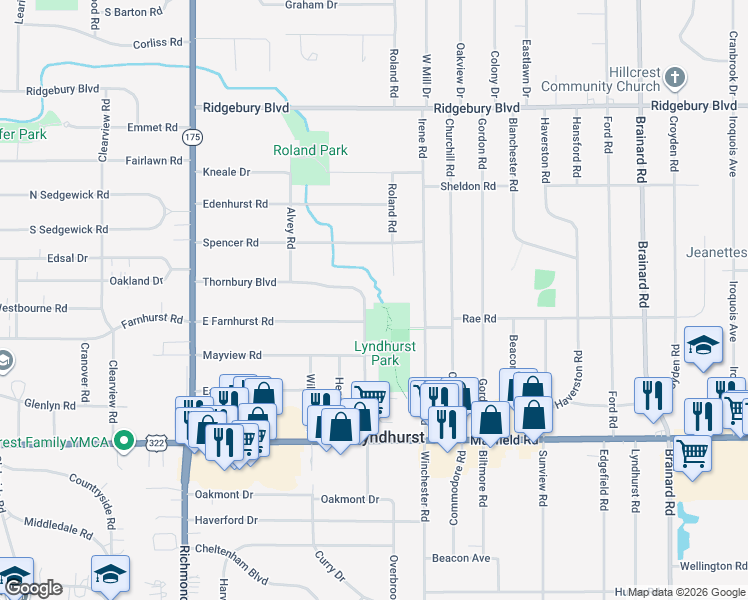 map of restaurants, bars, coffee shops, grocery stores, and more near 5275 Thornbury Boulevard in Lyndhurst