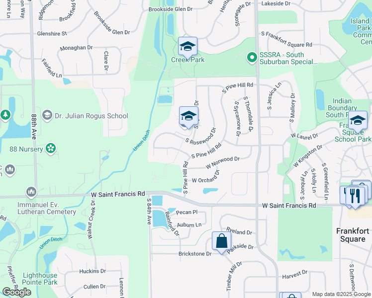 map of restaurants, bars, coffee shops, grocery stores, and more near 8240 West Wintergreen Drive in Frankfort
