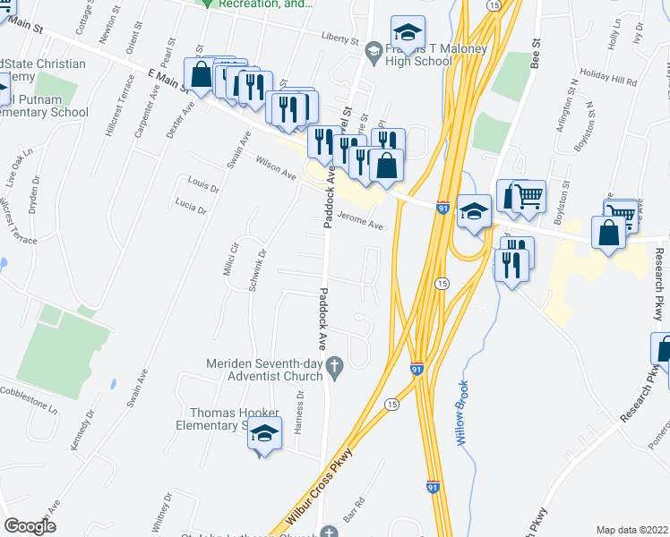 map of restaurants, bars, coffee shops, grocery stores, and more near 144 Paddock Avenue in Meriden