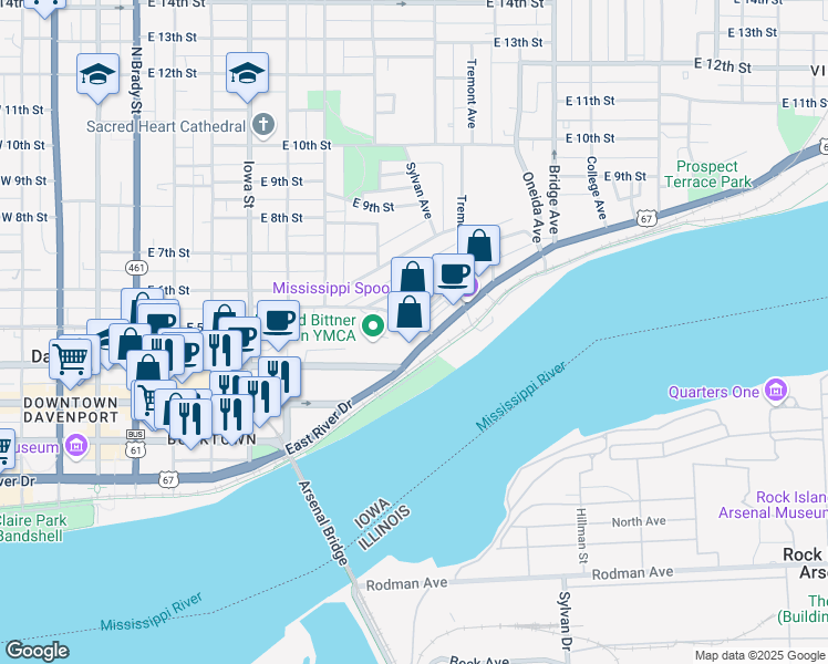 map of restaurants, bars, coffee shops, grocery stores, and more near 735 Federal St in Davenport