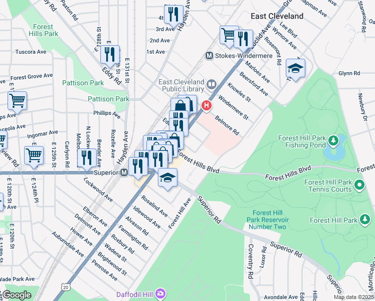 map of restaurants, bars, coffee shops, grocery stores, and more near 1831 Forest Hills Boulevard in East Cleveland