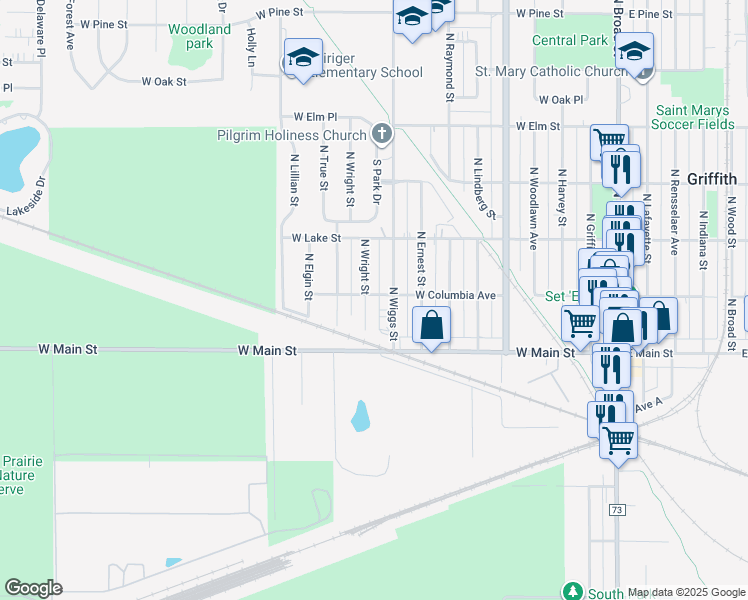 map of restaurants, bars, coffee shops, grocery stores, and more near 147 North Wright Street in Griffith