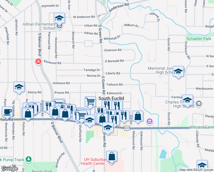 map of restaurants, bars, coffee shops, grocery stores, and more near 1299 South Green Road in South Euclid