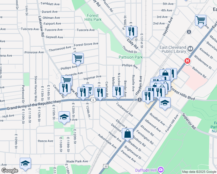map of restaurants, bars, coffee shops, grocery stores, and more near 1251 Carlyon Road in East Cleveland