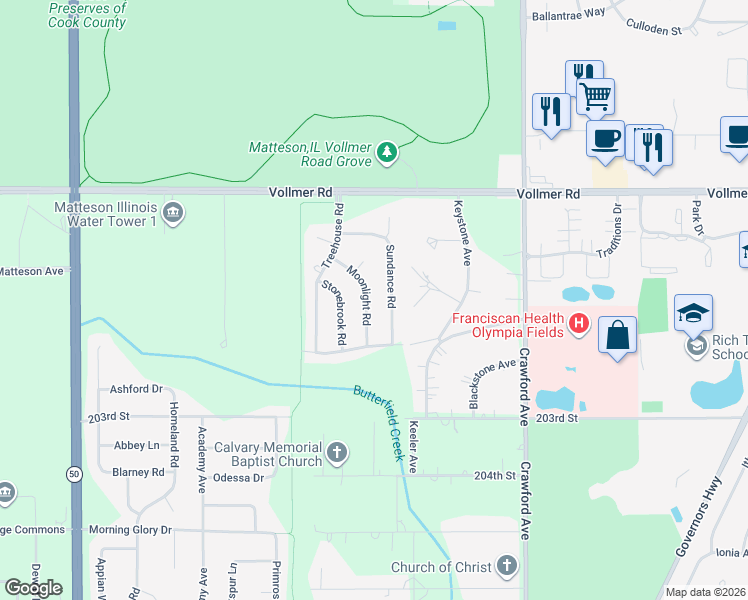 map of restaurants, bars, coffee shops, grocery stores, and more near 121 Moonlight Road in Matteson