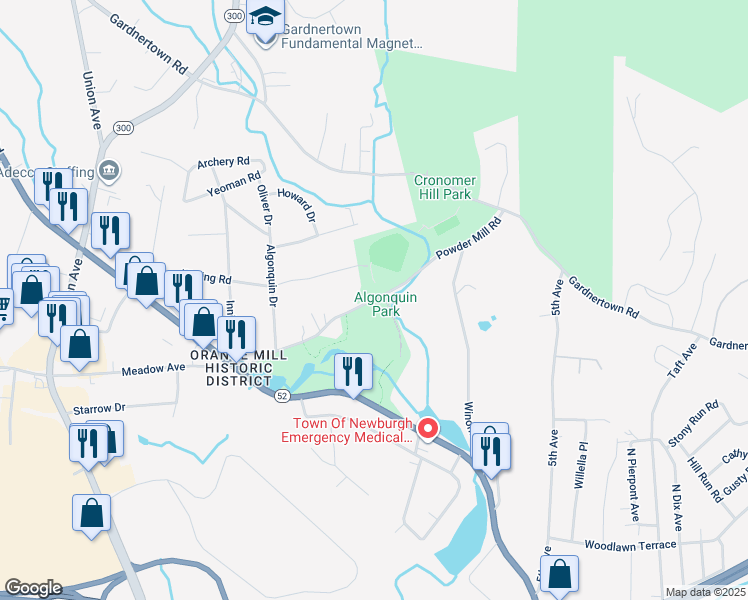 map of restaurants, bars, coffee shops, grocery stores, and more near 25 Powder Mill Road in Newburgh