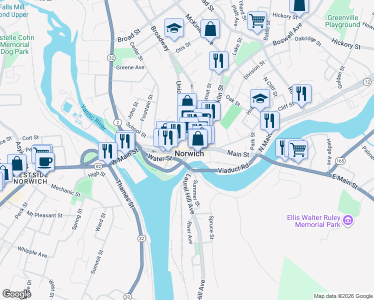 map of restaurants, bars, coffee shops, grocery stores, and more near 4 Broadway in Norwich