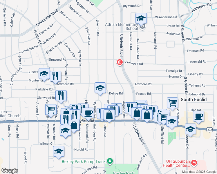 map of restaurants, bars, coffee shops, grocery stores, and more near 1303 Avondale Road in South Euclid