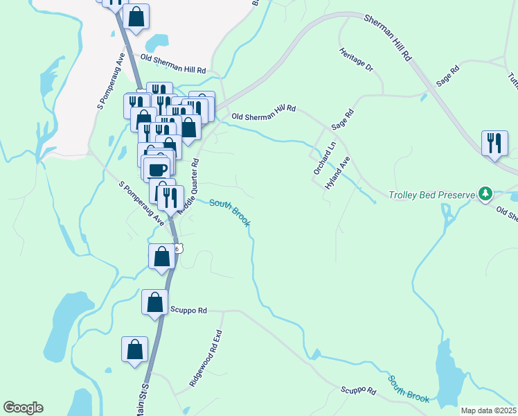 map of restaurants, bars, coffee shops, grocery stores, and more near 9 Hillview Lane in Woodbury
