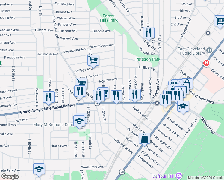map of restaurants, bars, coffee shops, grocery stores, and more near 1248 East 125th Street in Cleveland