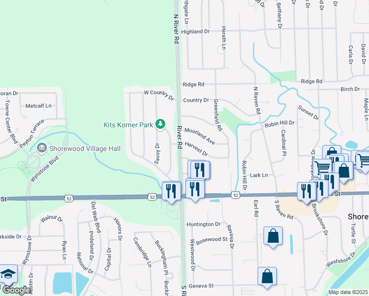 map of restaurants, bars, coffee shops, grocery stores, and more near 210 River Road in Shorewood