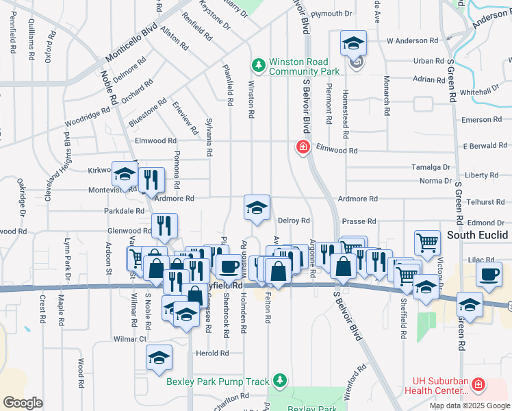 map of restaurants, bars, coffee shops, grocery stores, and more near 1303 Winston Road in South Euclid